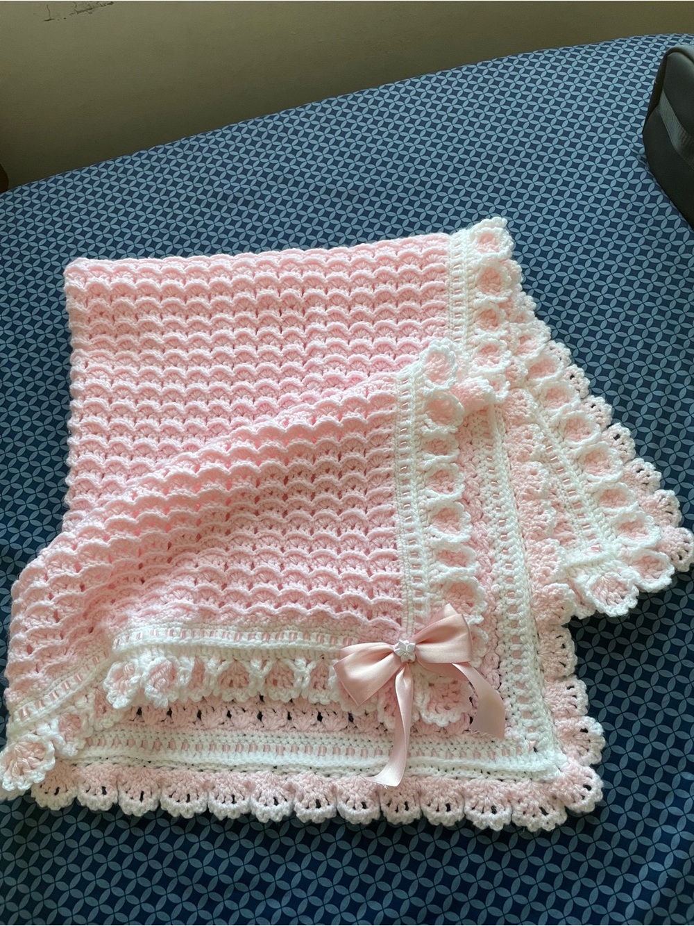 Handmade Pink Crochet Baby Blanket with White Trim